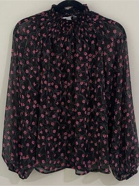 Elizabeth and James Black Blouse with Pink Floral Print and Smocked Neck